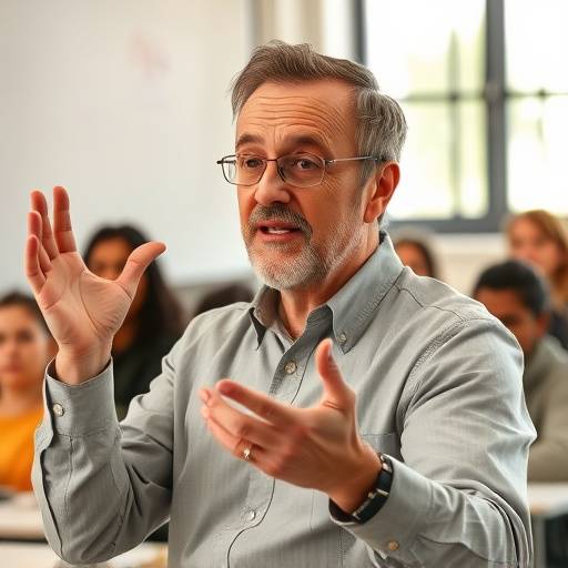 Un instructor demostrando diferentes expresiones faciales y gestos durante una clase de comunicación no verbal